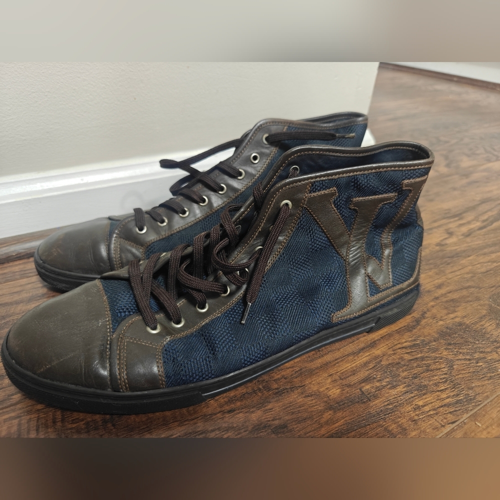 LOUIS VUITTON Brown/Blue Damier Ebene Canvas&Leather High Top Sneakers, Size 9.5 - Picture 2 of 8